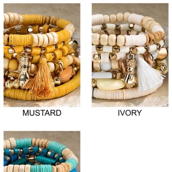 SOLD OUT Multi Layer Ivory Charm Beaded Wood Metal Gold Bead Stretch Bracelet - Picture 3 of 3